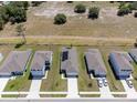 Aerial view of several homes with manicured lawns in a neighborhood with street access and adjacent open land at 726 Eagle Landing Blvd, Winter Haven, FL 33880