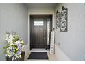 Welcoming front entryway with a decorative door, stylish sign, and potted plants at 5754 Shealy Ave, The Villages, FL 32163