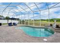 Screened-in pool with waterfall feature, surrounding patio, and a picturesque view of the green space beyond at 2161 Longleaf Cir, Lakeland, FL 33810