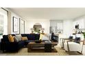 Comfortable living room with a plush sofa, stylish decor, and an adjacent modern kitchen at 1409 Acorn Meadow Loop, Eustis, FL 32726