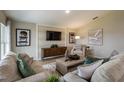 Cozy living room with stylish furniture, a decorative wall, and a large screen television at 1050 Foreshore Ln, Haines City, FL 33844