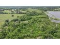 Aerial view showcases a tranquil landscape with verdant trees, open pastureland, and a glimpse of a pond at 1611 County Road 753S, Webster, FL 33597