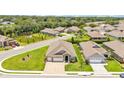 Aerial view of a home nestled in a quiet neighborhood with lush greenery and a pond at 7890 Lake James Blvd, Lakeland, FL 33810