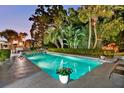 Inviting pool area featuring manicured landscaping, palm trees, and illuminated pool at dusk at 2110 Reaney Rd, Lakeland, FL 33803