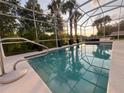 Inviting screened-in pool with serene views of the surrounding lush landscaping and setting sun at 12064 Navale Ln, Orlando, FL 32827