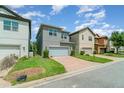 Contemporary home boasts well-kept lawns and a brick driveway at 9349 Mira Valle Ln, Winter Garden, FL 34787