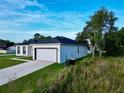 A view of the property with two-car garage showing driveway and green lawn at 1430 Tern Ct, Poinciana, FL 34759