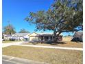 Landscaped yard with a one-story home and mature tree at 1387 Hensley Dr, Deland, FL 32724