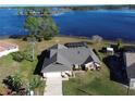 Stunning aerial view showcasing the property's proximity to the lake and its screened-in pool at 2075 Little Farms Ct, Deltona, FL 32738