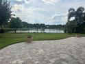Backyard patio view showcasing a serene lake and lush green landscaping at 6301 Swanson St, Windermere, FL 34786