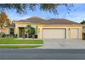 Charming single-story home featuring a well-manicured lawn, three-car garage, and a welcoming entryway at 9580 Sw 71St Loop, Ocala, FL 34481