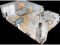 Floorplan of a bedroom/bathroom space with a queen bed, chair, and 2 sinks with an adjoining toilet and shower at 3700 S Atlantic Ave # 111, New Smyrna Beach, FL 32169
