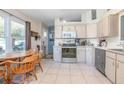 Bright kitchen features tile flooring, white cabinets and stainless steel appliances with a breakfast nook and backyard views at 3057 Norlina St, Deltona, FL 32738
