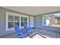 Relaxing covered porch with gray wood-look flooring, two blue chairs, and bright natural light at 437 Merrimac Dr, Port Orange, FL 32127
