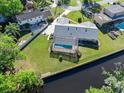 Aerial view of a beautiful backyard with a screened-in pool, lush lawn and canal at 19 Twin River Dr, Ormond Beach, FL 32174