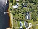 Overhead aerial perspective of elegant waterfront homes with private docks, swimming pools, and sprawling green lawns at 2149 Hontoon Rd, Deland, FL 32720