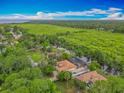 Beautiful aerial view of a single-Gathering home with a screened pool, lush landscaping, and amazing waterfront views at 1578 Stone Trl, Deltona, FL 32725