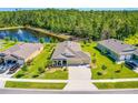 A high angle aerial showcasing the property's manicured lawn and proximity to the pond at 2901 Monaghan Dr, Ormond Beach, FL 32174