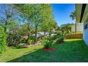 Lush backyard featuring mature trees, plants and green grass alongside a wooden deck, providing privacy and a tranquil outdoor space at 1613 Crescent Ridge Rd, Daytona Beach, FL 32118