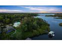 Breathtaking aerial view of a home nestled amidst lush greenery and serene waterfront, showcasing its private dock at 6317 Palmas Bay Cir, Port Orange, FL 32127