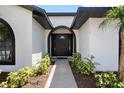 Arched front door with sidelights and decorative plants leading to a welcoming entrance at 245 Rosita Dr, Debary, FL 32713