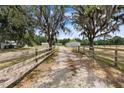 Long gravel driveway leading to outbuildings with fenced pastures on both sides at 4145 Rambler Ave, St Cloud, FL 34772