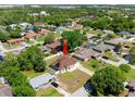 Birds eye view of a cozy home with a large yard and mature trees in a quiet neighborhood at 2600 Scottville Ave, Deltona, FL 32725