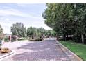 Gated community entrance with brick pillars, wrought iron gates and mature trees lining the brick road at 201 Walter Stevens Way, Deland, FL 32724