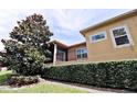 Beige home with a screened lanai, a hedge lined back yard, and mature trees at 201 Walter Stevens Way, Deland, FL 32724