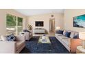 Inviting living room with stylish furniture, a blue rug, and a serene view through large windows at 5204 Van Aken Dr, Orlando, FL 32808