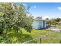 Quaint light blue home with a well-maintained lawn, a cute surfboard address marker, and mature trees at 1420 N Grandview Ave, Daytona Beach, FL 32118