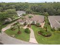 Aerial view of home with lush landscaping, circular driveway, and mature trees at 19 Tomoka Cove Way, Ormond Beach, FL 32174