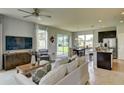 Open-concept living room seamlessly connected to the kitchen with access to an outdoor patio at 3828 Denali Dr, Apopka, FL 32712