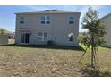 Backyard view of the home featuring a sliding glass door and recently planted tree at 1707 Jindo Dr, Lake Alfred, FL 33850