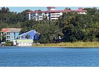 Aerial view of waterfront property with lake access, showcasing a cluster of buildings and lush greenery at 601 N Mcdonald St # 208, Mount Dora, FL 32757