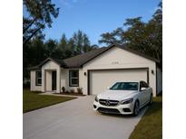 Charming single-story home boasts a well-manicured lawn and a modern two-car garage and paved driveway at 3245 Se 142Nd Pl, Summerfield, FL 34491