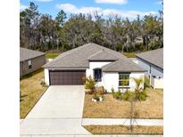 Single-story house with a two-car garage and landscaped lawn at 1856 Red Loop, Lakeland, FL 33801