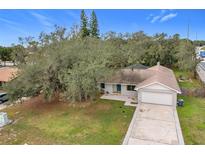 Single-story home with a white garage door and a blue front door, nestled amongst lush green landscaping at 4201 Shadow Wood Dr, Winter Haven, FL 33880