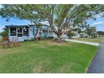 Charming home with a lush lawn, mature tree decorated with birdhouses, and cozy outdoor seating at 1575 Longbow Dr, Lakeland, FL 33810