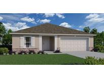 Charming single-story home featuring a two-car garage, stone accents, manicured lawn, and neutral color palette at 431 Lark Ct, Poinciana, FL 34759
