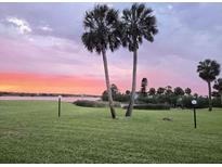 Picturesque backyard boasts vibrant green lawn, waterfront view, and swaying palm trees against a sunset sky at 64 Ocean Palm S Dr # 64, Flagler Beach, FL 32136