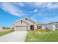 Newly built home with landscaped front yard, driveway and two car garage at 4247 Little Owl Ln, Kissimmee, FL 34746
