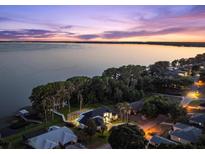 Stunning aerial view of a lakeside home at sunset, featuring lush greenery and serene water views at 3130 Indian Trl, Eustis, FL 32726