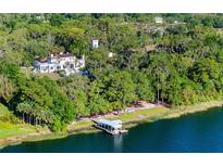 Aerial view of a lakefront property featuring a large home, boat dock, and lush greenery at 37918 N County Road 44A, Eustis, FL 32736