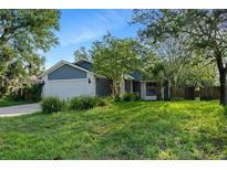 Charming one-story home with a light blue exterior and a well-manicured front lawn at 1317 Northside Dr, Ormond Beach, FL 32174