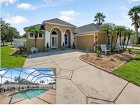 Stunning single-story home featuring a well-manicured lawn, mature palm trees, and a screened-in pool at 3615 Marisol Ct, New Smyrna Beach, FL 32168