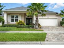 Charming single-story home featuring a well-manicured lawn, lush landscaping, and a two-car garage at 3048 Borassus Dr, New Smyrna Beach, FL 32168