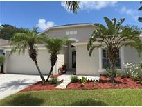 Charming single-story home with a well-manicured lawn and tropical landscaping, including palm trees at 465 Dahoon Holly Dr, Daytona Beach, FL 32117