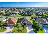 Expansive aerial view of a home with mature landscaping, a wide driveway, and a well-maintained lawn in a desirable community at 1338 Neuport Path, The Villages, FL 32163