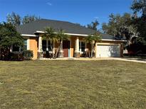 Single-story home with palm trees, a two-car garage, and a well-manicured lawn at 15921 Hanson View Dr, Tavares, FL 32778